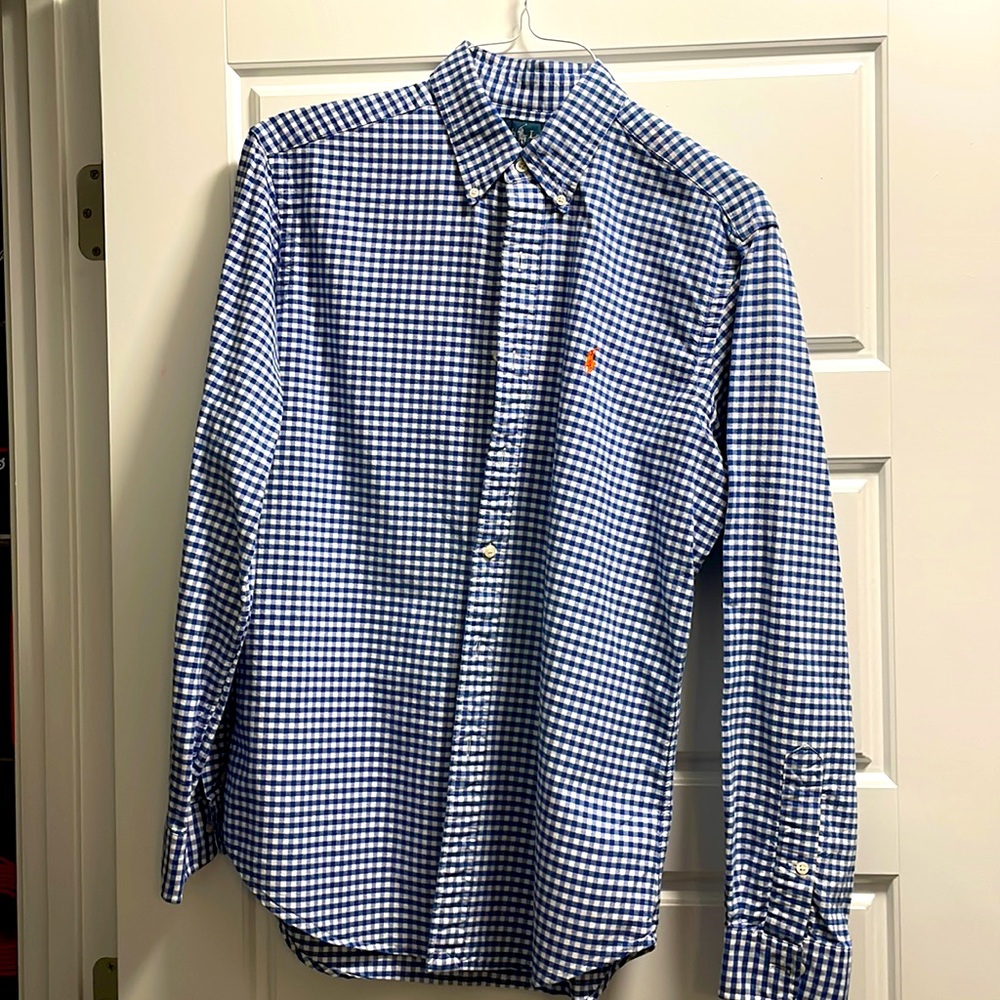 Mens Ralph Lauren long sleeve blue and white check shirt. Size M